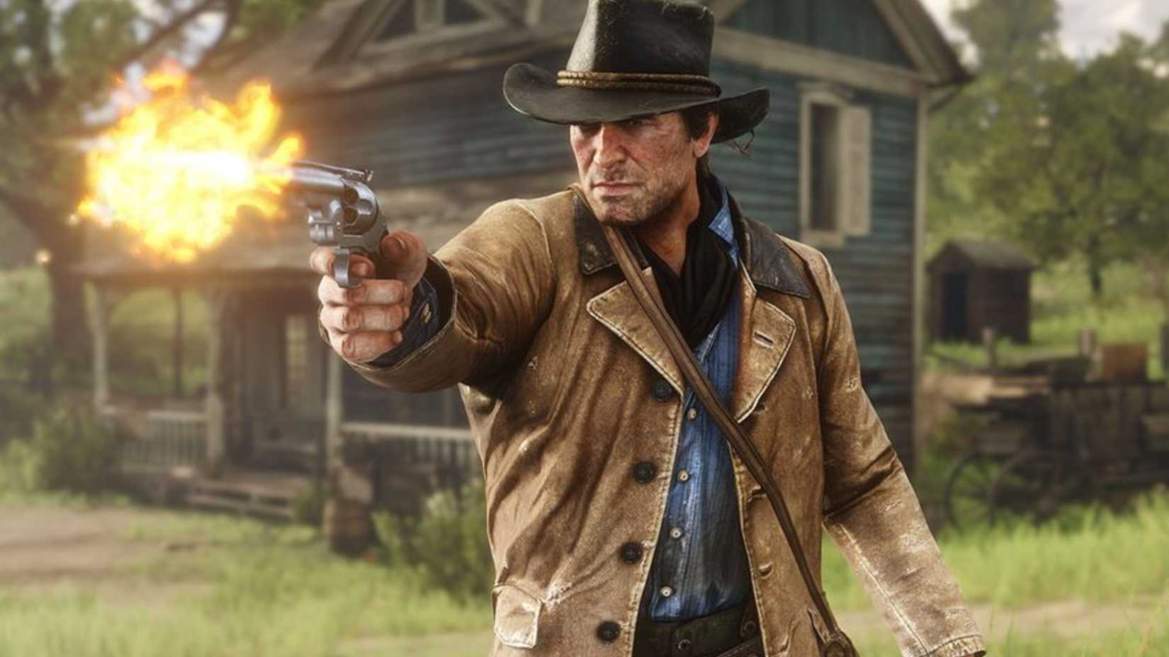 red dead redemption 2 arthur morgan shooting a revolver