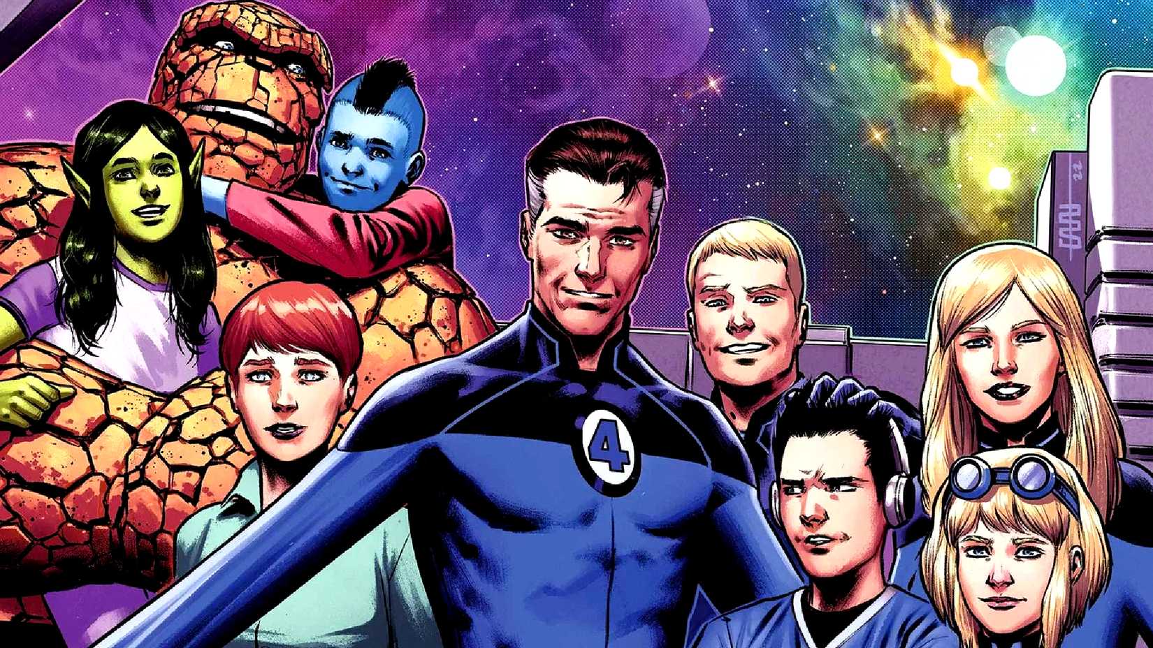 Reed Richards takes a selfie of the Fantastic Four family in Marvel Comics