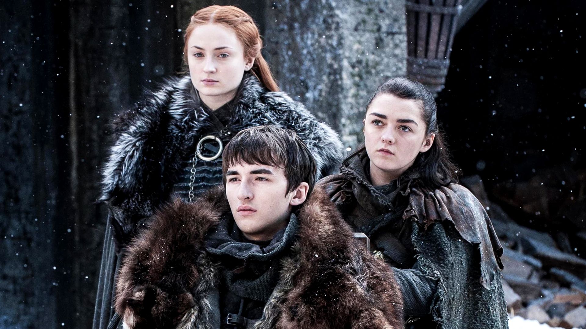 Sansa, Arya, and Bran Stark in Game of Thrones season 8 at Winterfell