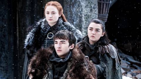 Sansa, Arya, and Bran Stark in Game of Thrones season 8 at Winterfell