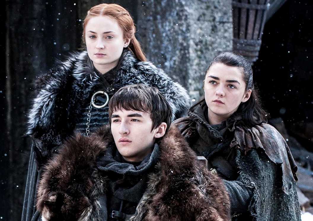 Sansa, Arya, and Bran Stark in Game of Thrones season 8 at Winterfell