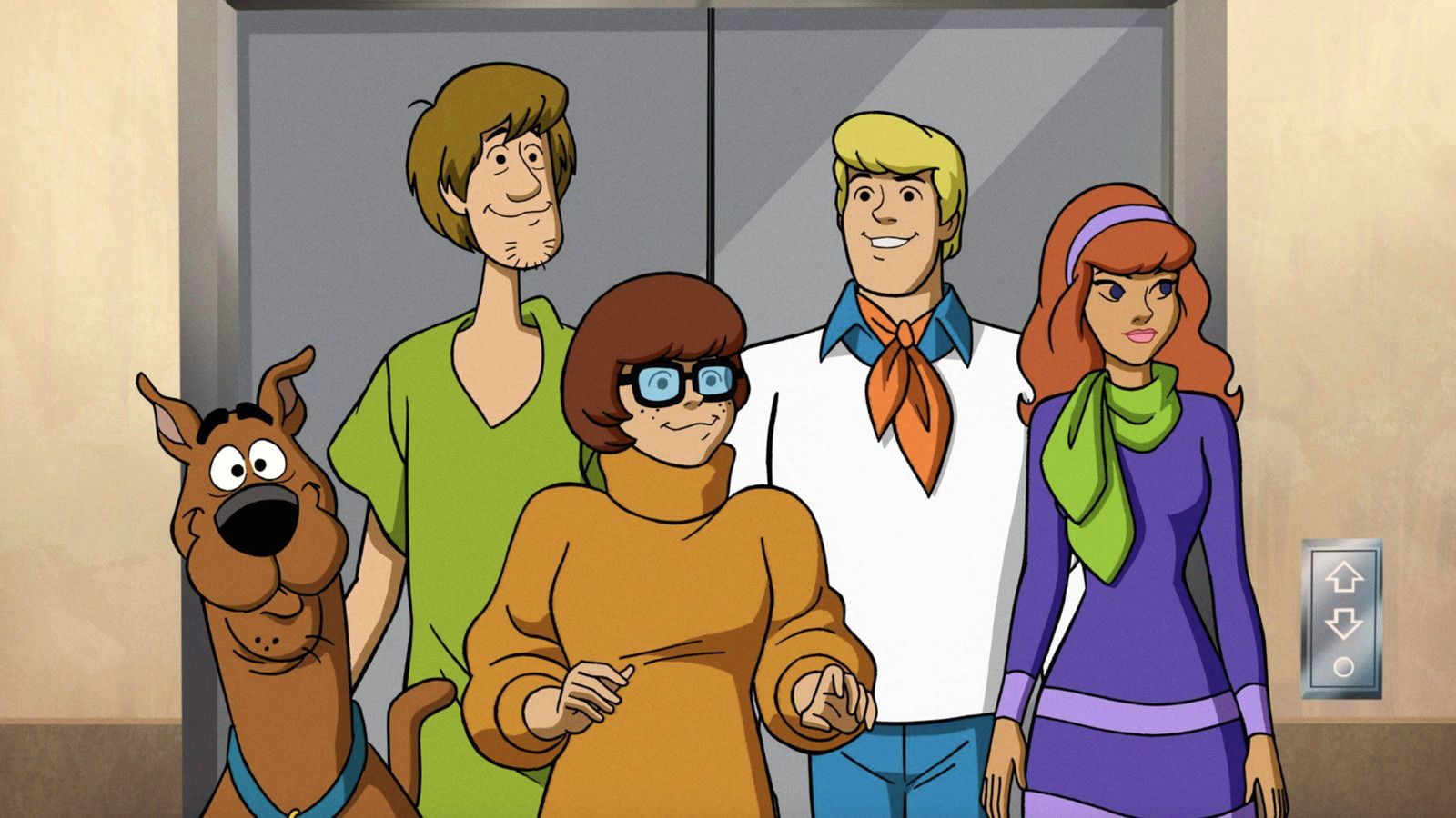 The Scooby Gang standing by an elevator in Scooby Doo