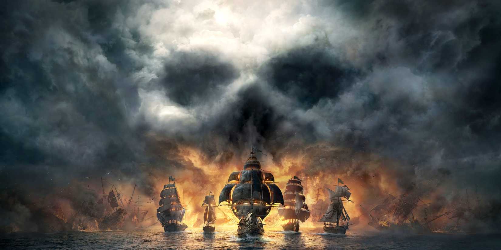 Skull and Bones ships sailing in front of dark clouds in the shape of a skull.