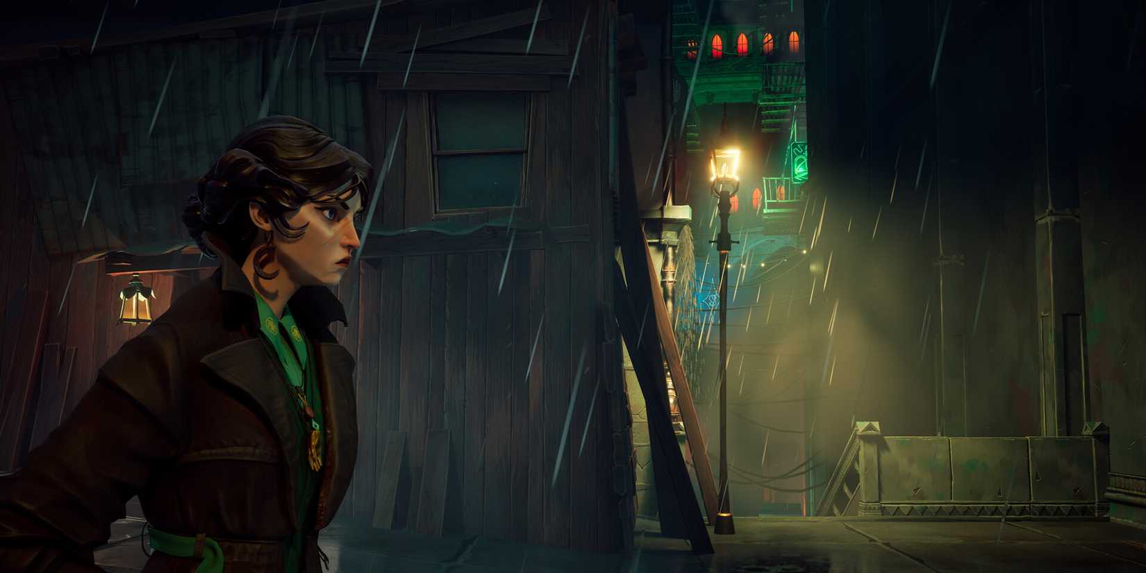 A woman walking down a rainy alley in Sleight of Hand