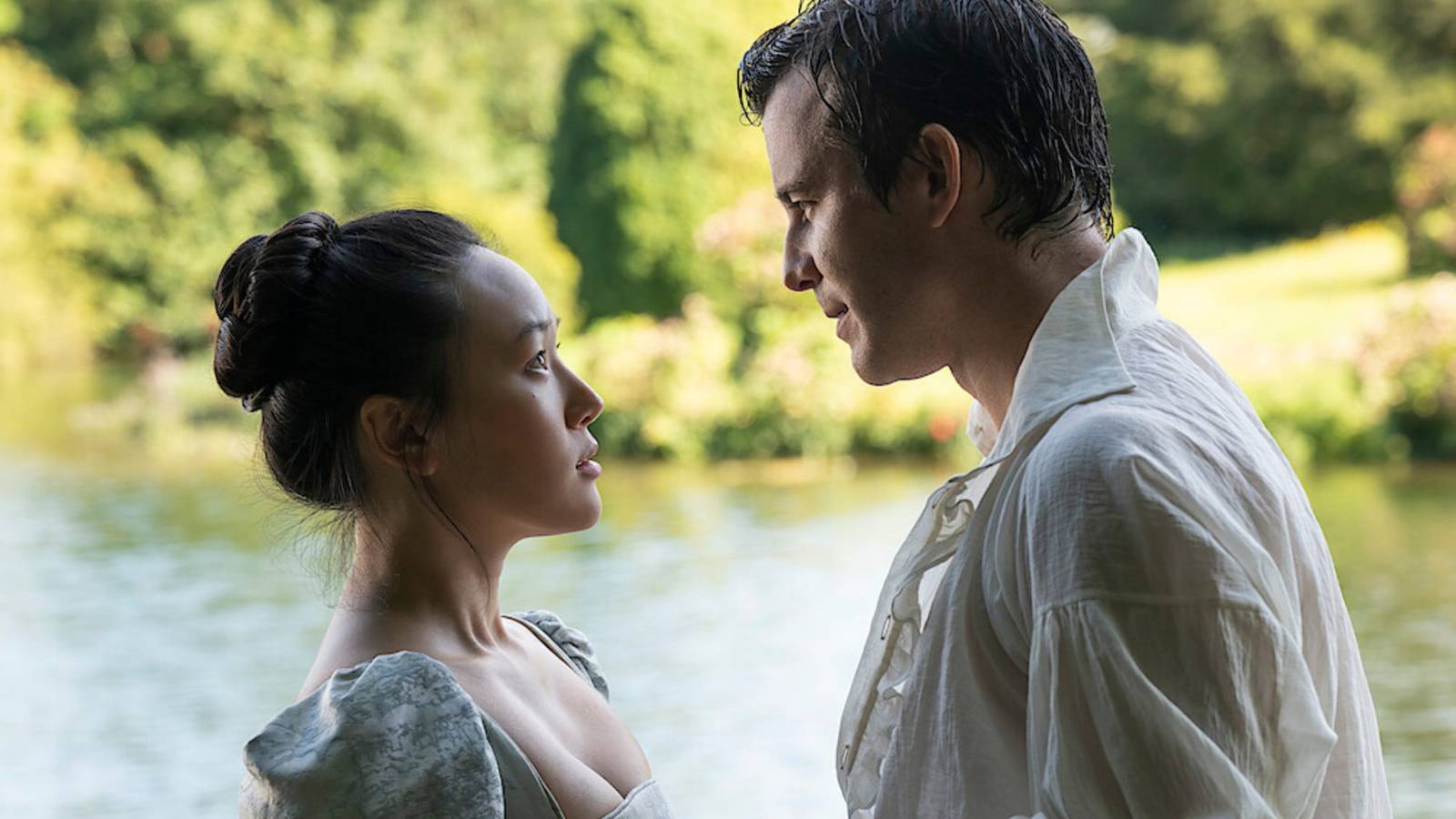 Sophie Baek and Benedict Bridgerton looking at one another in Bridgerton Season 4 Part 1