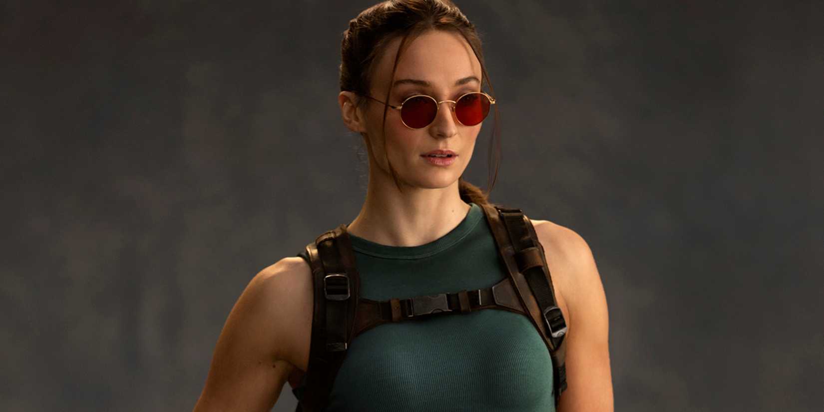 sophie turner in costume as lara croft