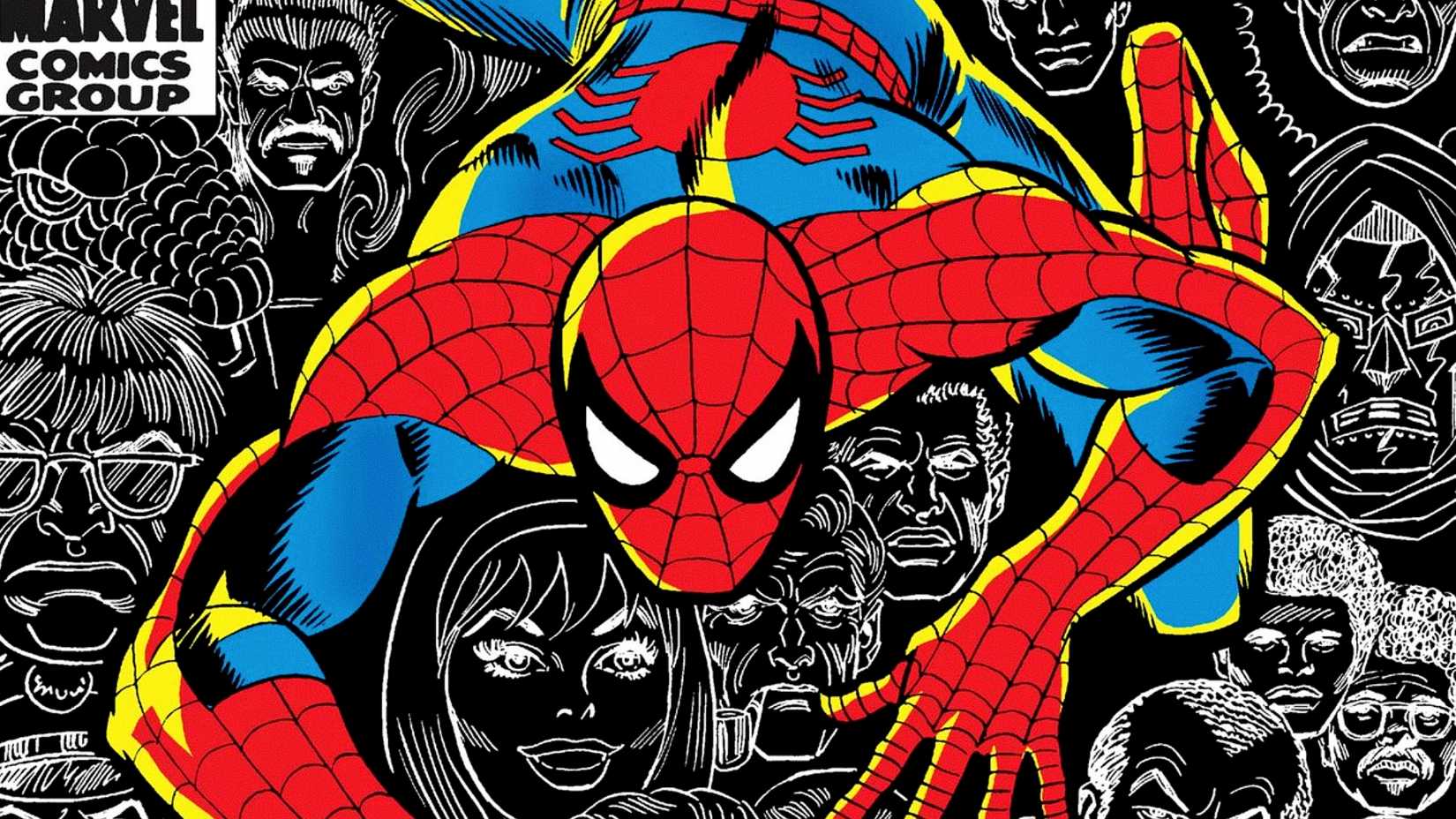 Spider-Man crawls down the page among allies and villains in Marvel Comics