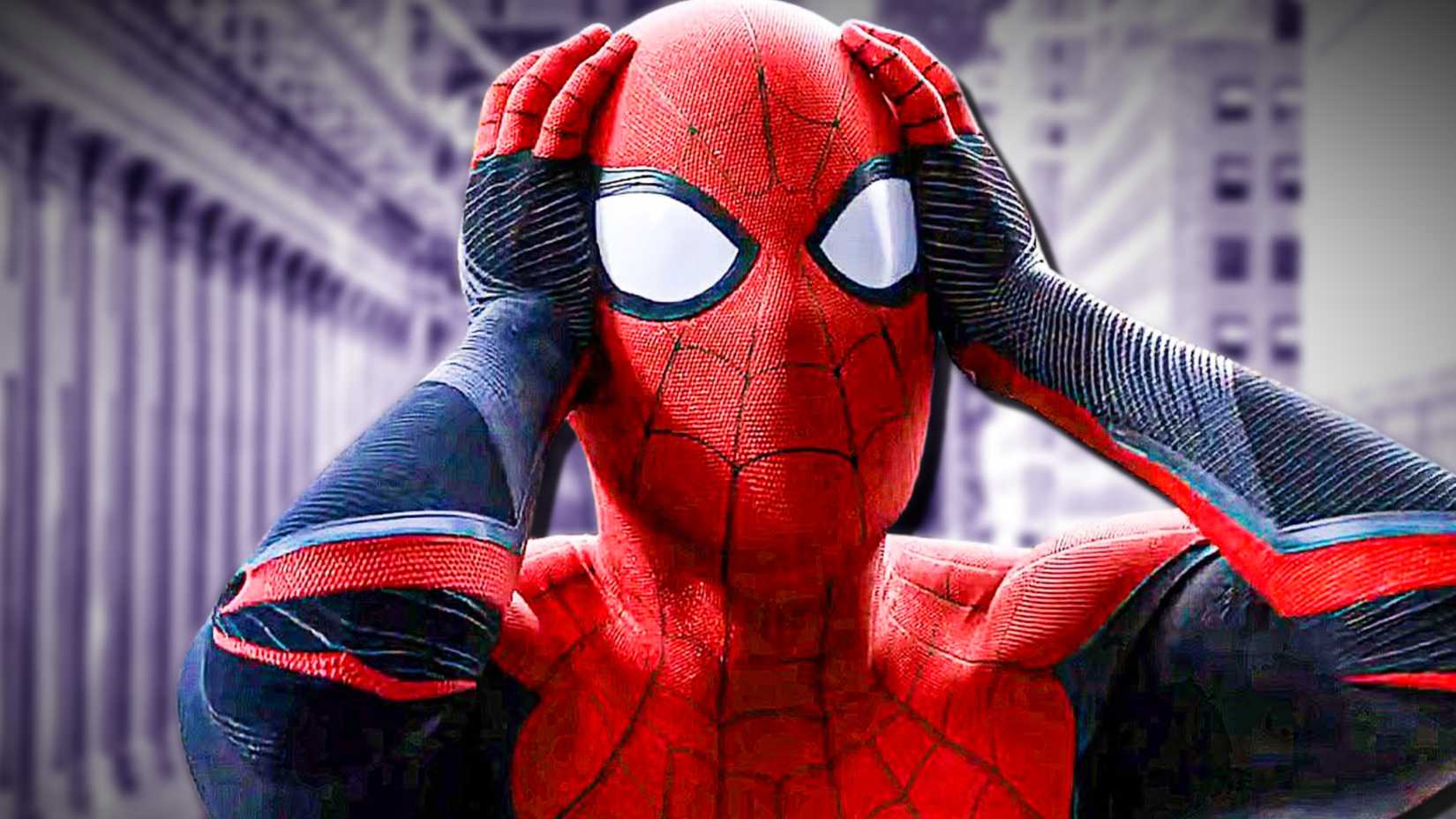 Spider-Man holds his hands to his head and looks incredibly worried.