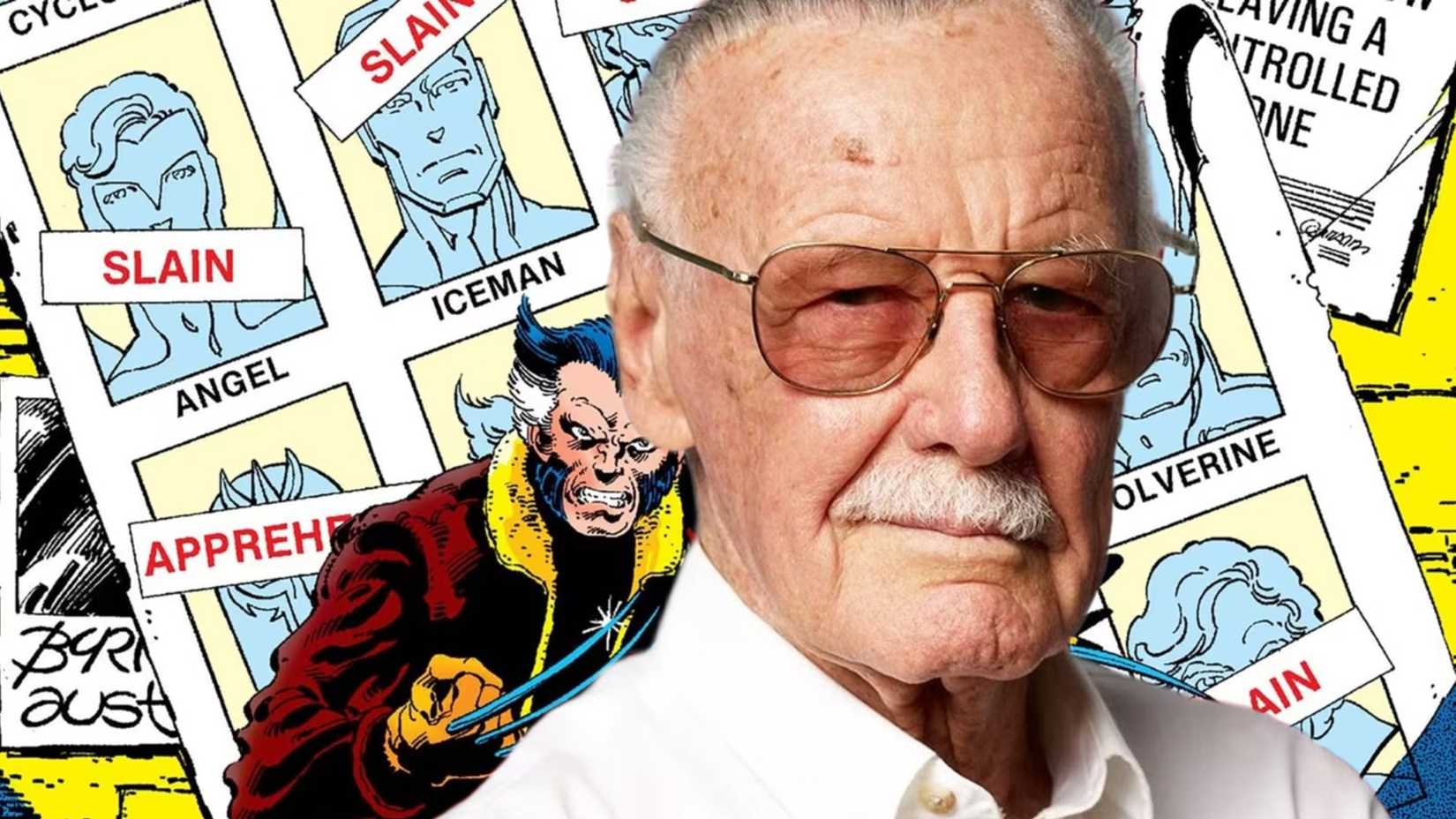 Stan Lee (foreground) and Days of Future Past cover in the background