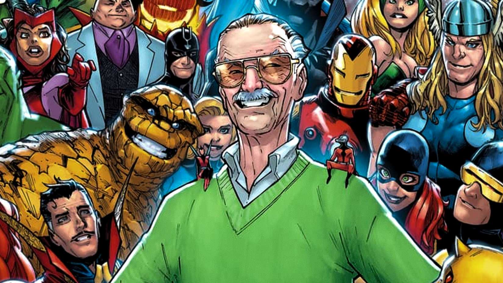 Stan Lee is surrounded by all Marvel characters co-created by him in tribute art