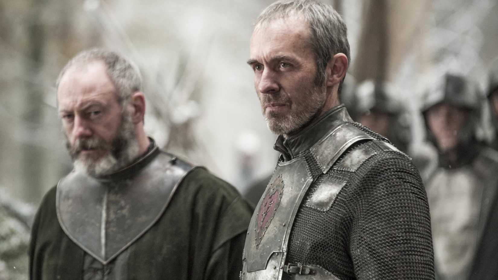 Stannis Baratheon (Stephen Dillane) next to Davos (Liam Cunningham) in Game of Thrones
