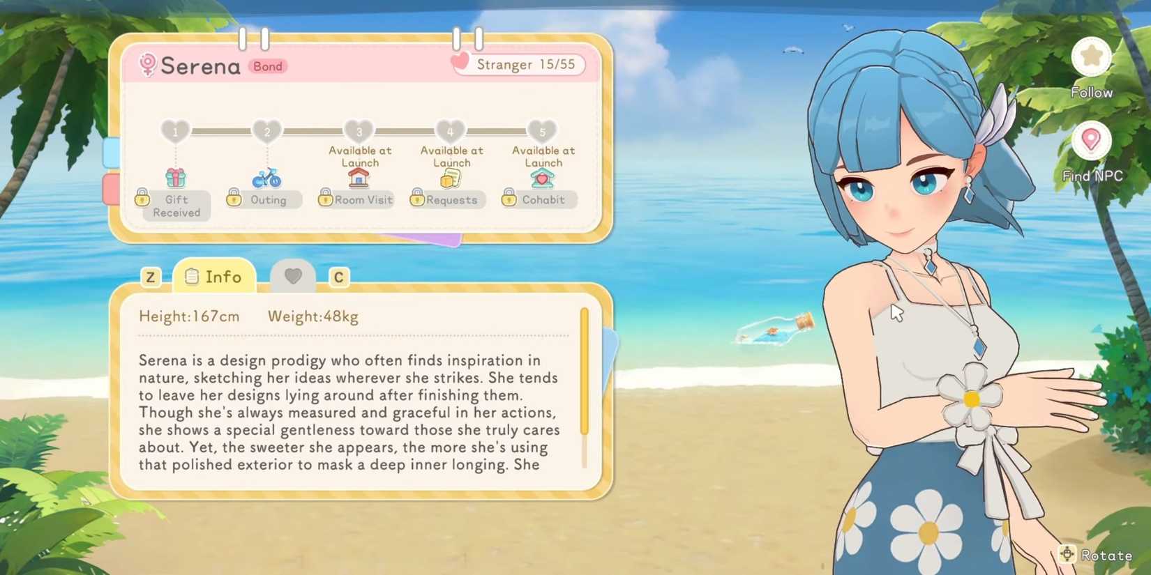 Starsand Island screenshot Of Serena Character page