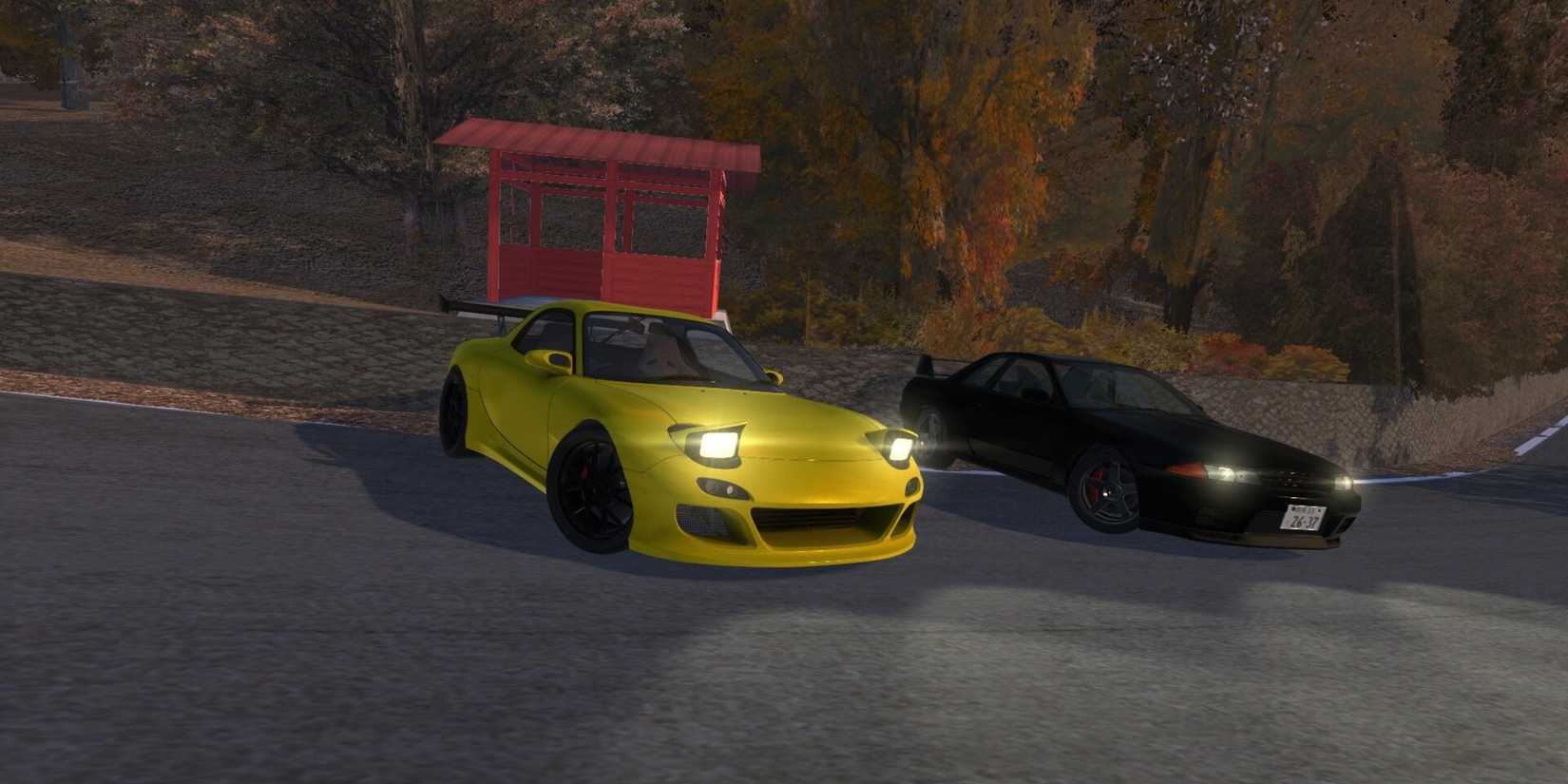 A yellow and a black car are on a road in Initial Drift Online.