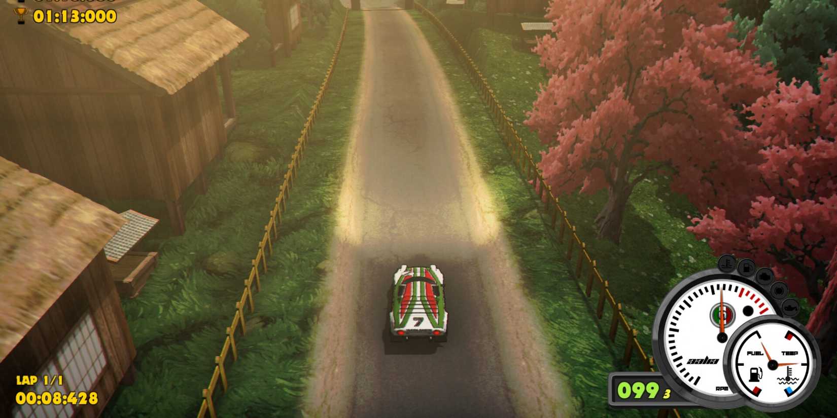 A car races through a forest in Super Woden Rally Edge.