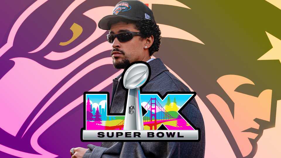 Super Bowl graphic featuring the logo over Bad Bunny.