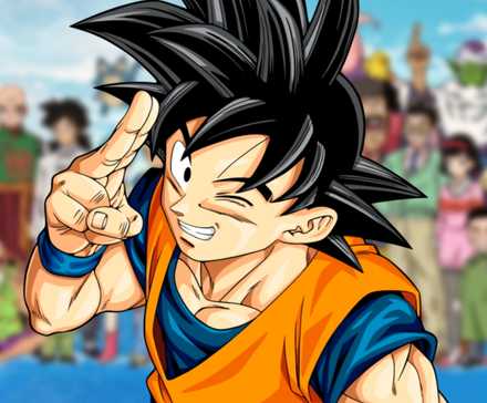 Goku smiling in front of a blurred collage of the cast of Dragon Ball Super.