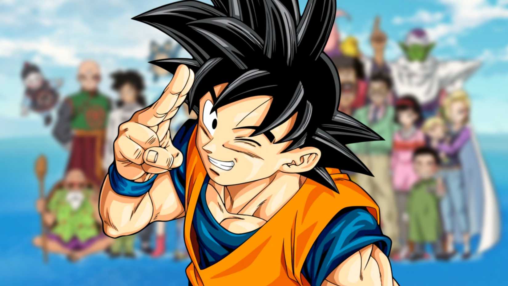 Goku souriant devant un collage flou des personnages de Dragon Ball Super.