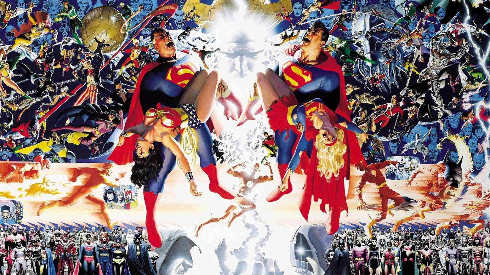 Superman holds Supergirl and Wonder Woman in DC Comics' Crisis on Infinite Earths