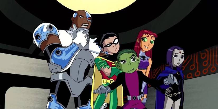 Ciborgue, Robin, Mutano, Estelar e Ravena dentro da Torre dos Titãs em Jovens Titãs