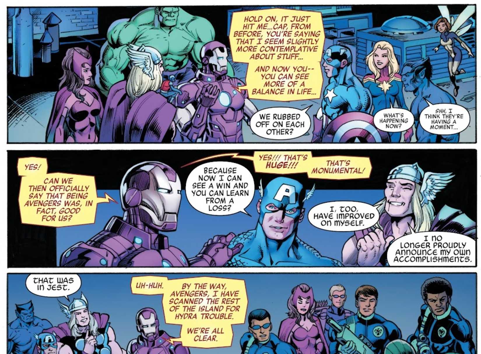 the avengers celebrate how they changed each other, especially captain america and iron man