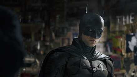 Robert Pattinson in his Batman suit in The Batman