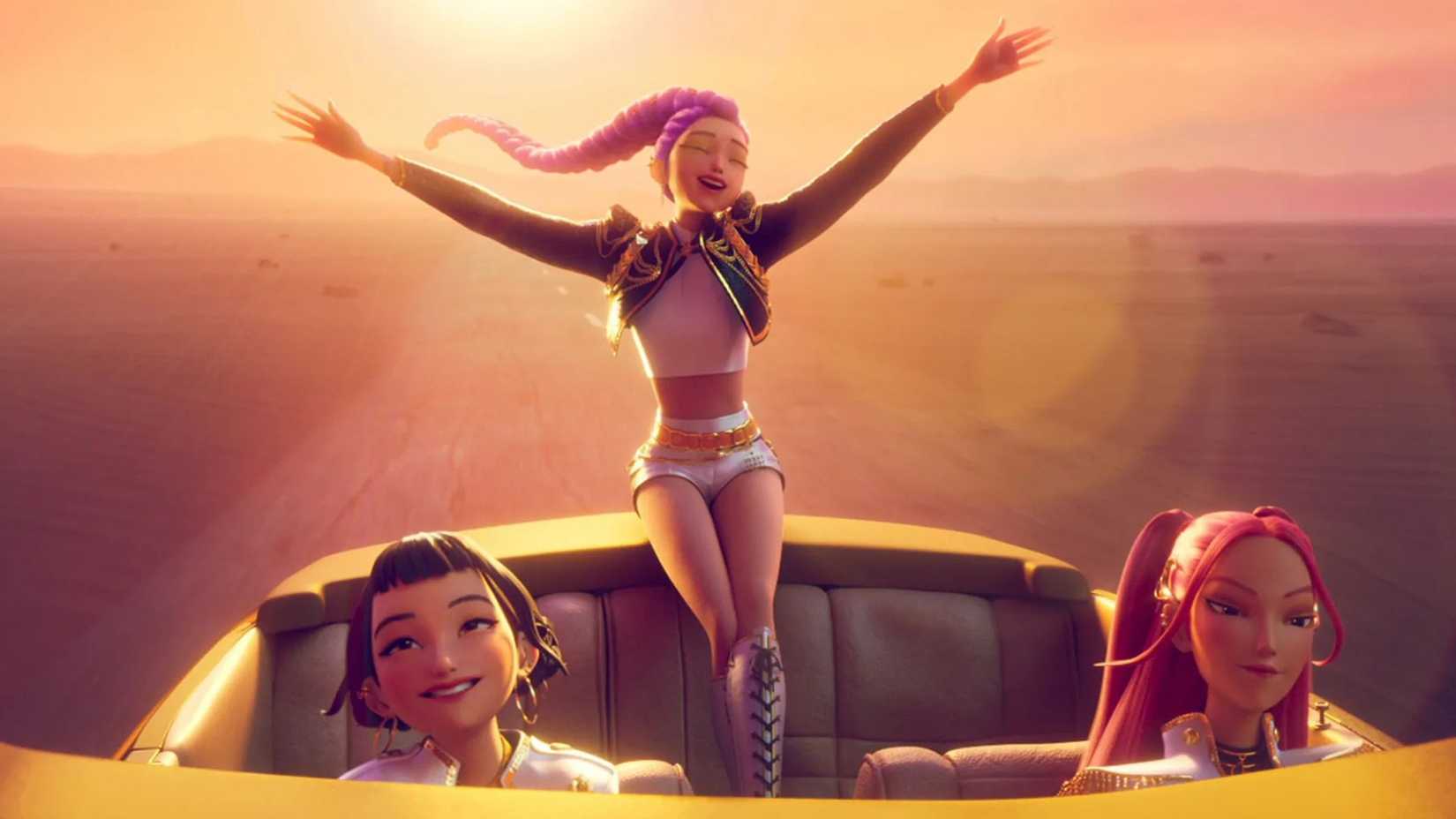 The characters from Kpop Demon Hunters singing in the car 