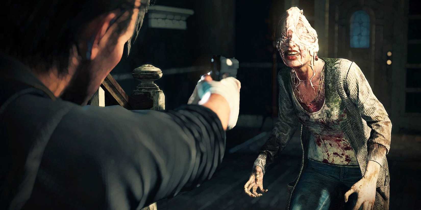 The Evil Within 2 protagonist aiming at a zombie