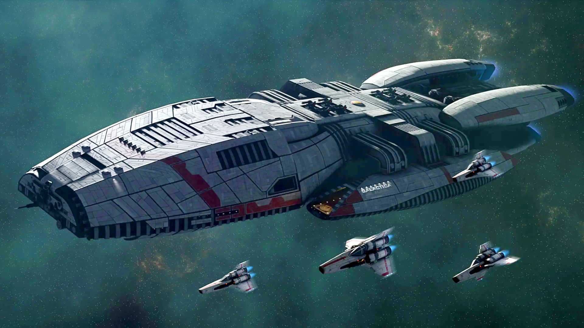 The Galactica alongside its raptors in Battlestar Galactica.