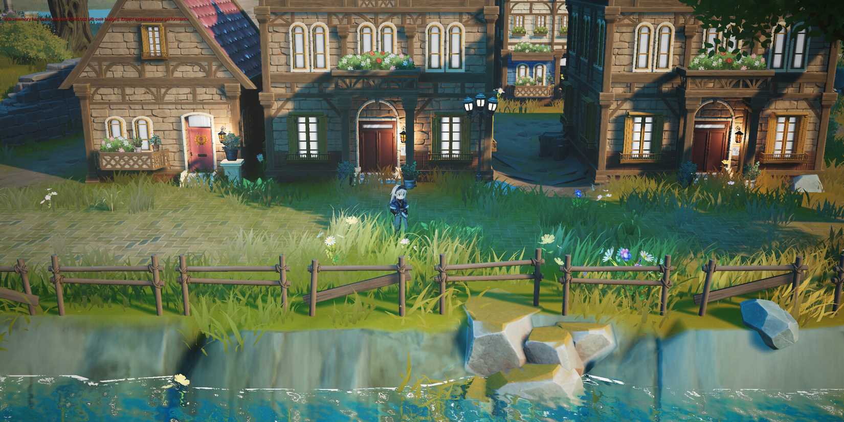 A character walking by houses on a river bank in The Grey Elegy