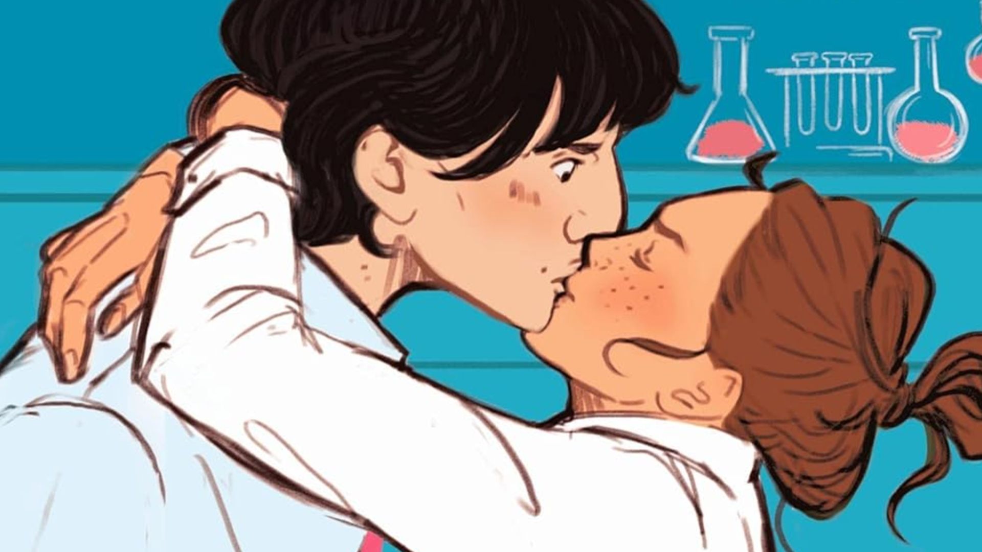 The Love Hypothesis original book cover shows to scientists kissing