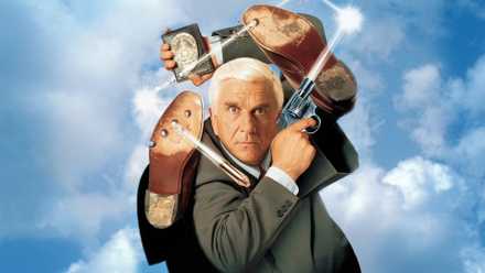 Leslie Nielsen dodges bullets on the Naked Gun 33 1/3 movie poster