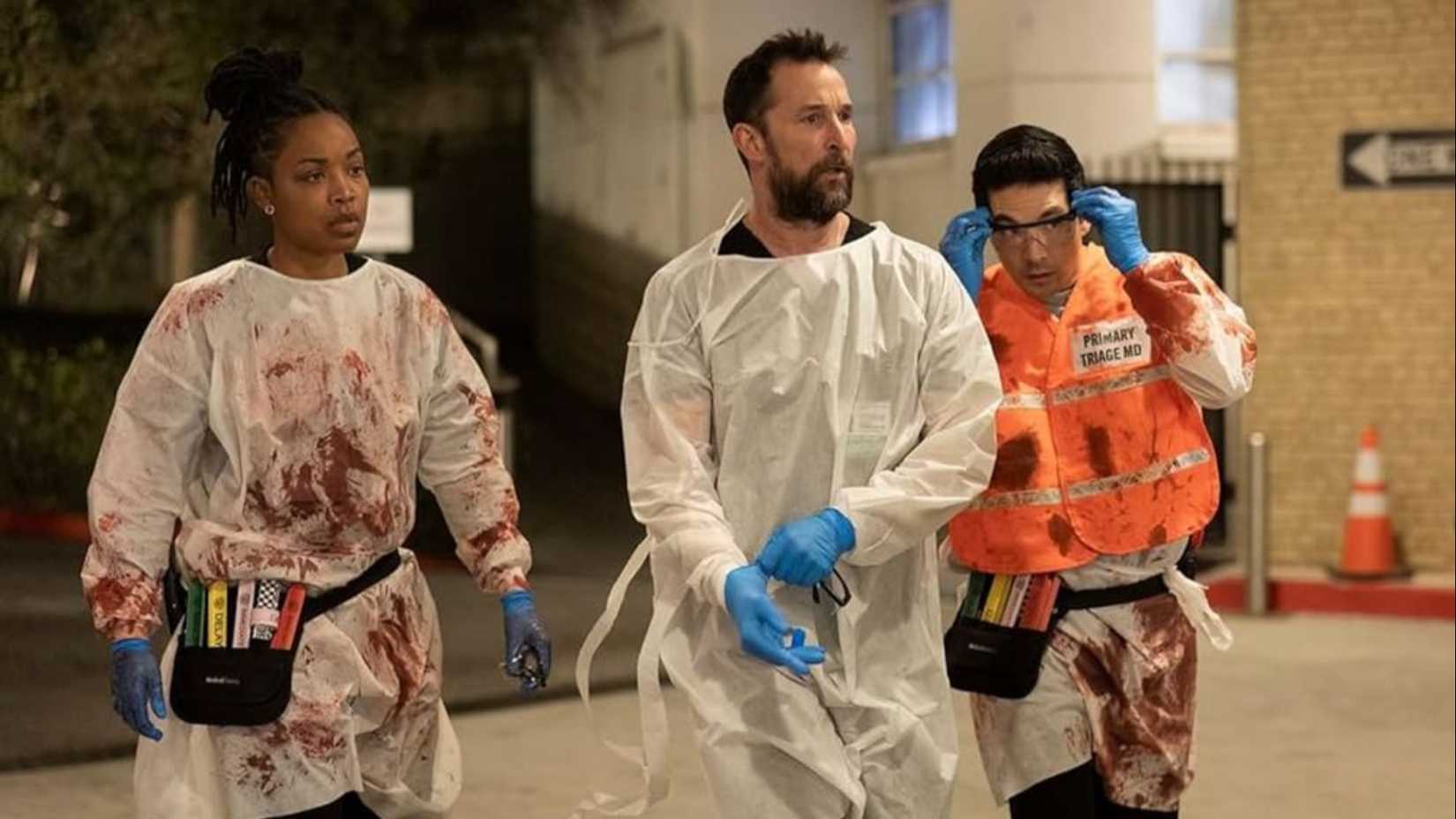 Parker Ellis (Ayesha Harris), Michael "Robby" Robinavitch (Noah Wyle), and John Shen (Ken Kirby) in The Pitt season 1, episode 14.
