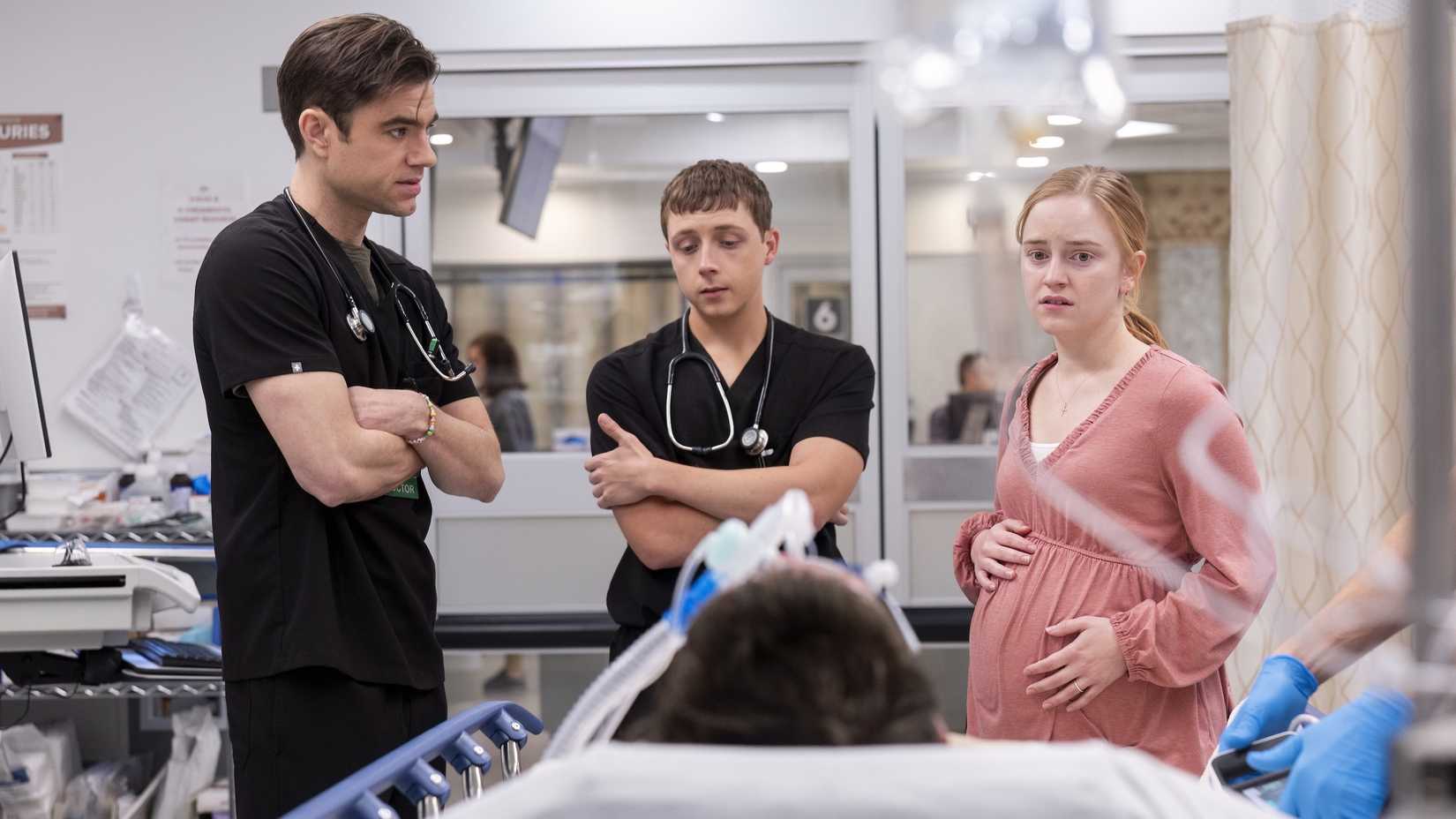 Dr. Langdon (Patrick Ball), Dennis Whitaker (Gerran Howell), and Amy Miller (Bailey Gavulic) in The Pitt season 1, episode 10