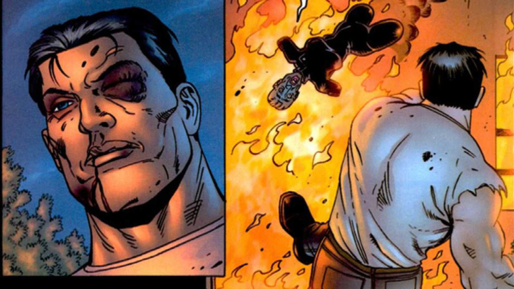 The Punisher kicks Ma Gnucci into a fire