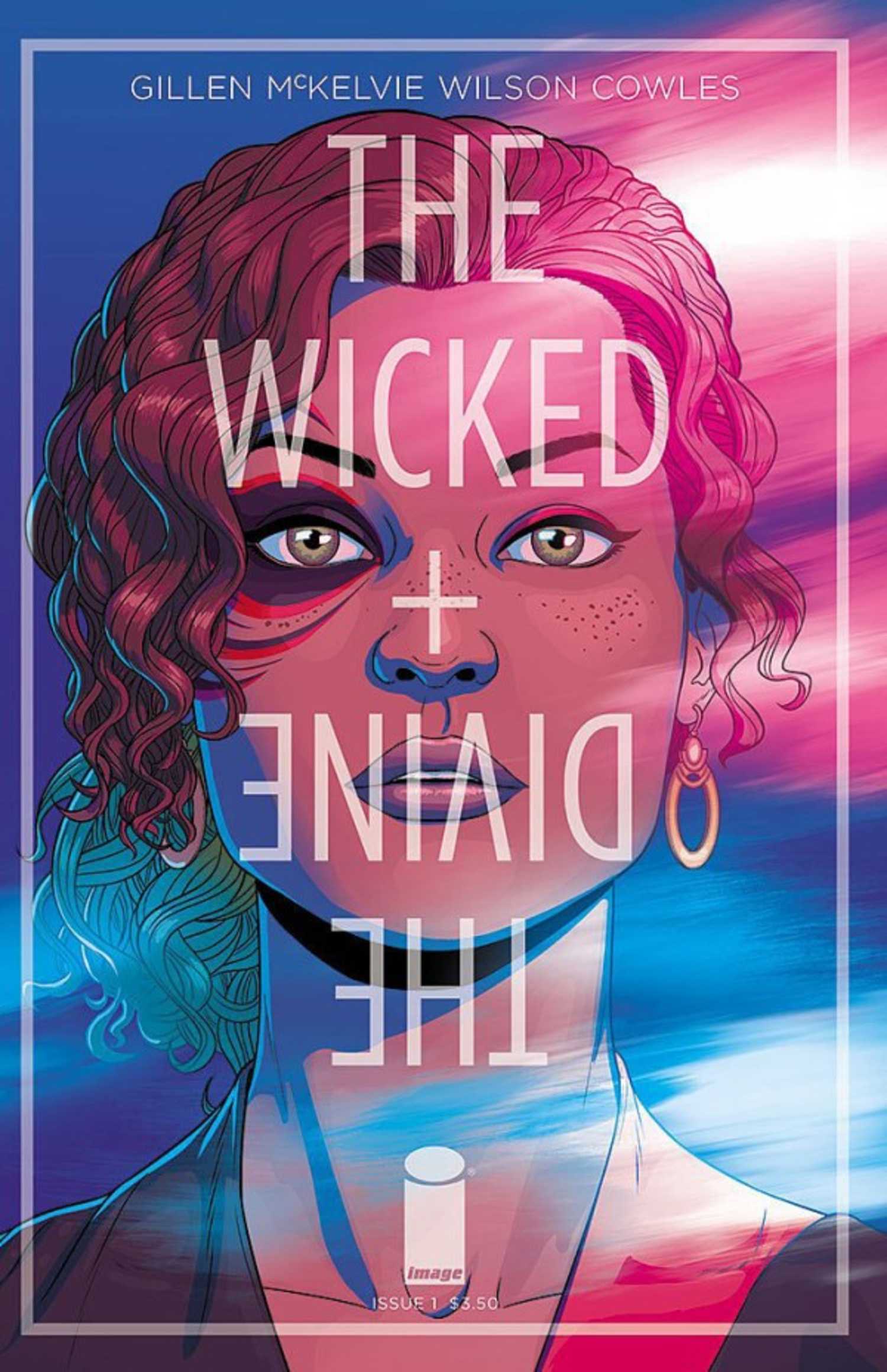 The Wicked and the Divine #1 cover, a woman with a black eye against a purple sky