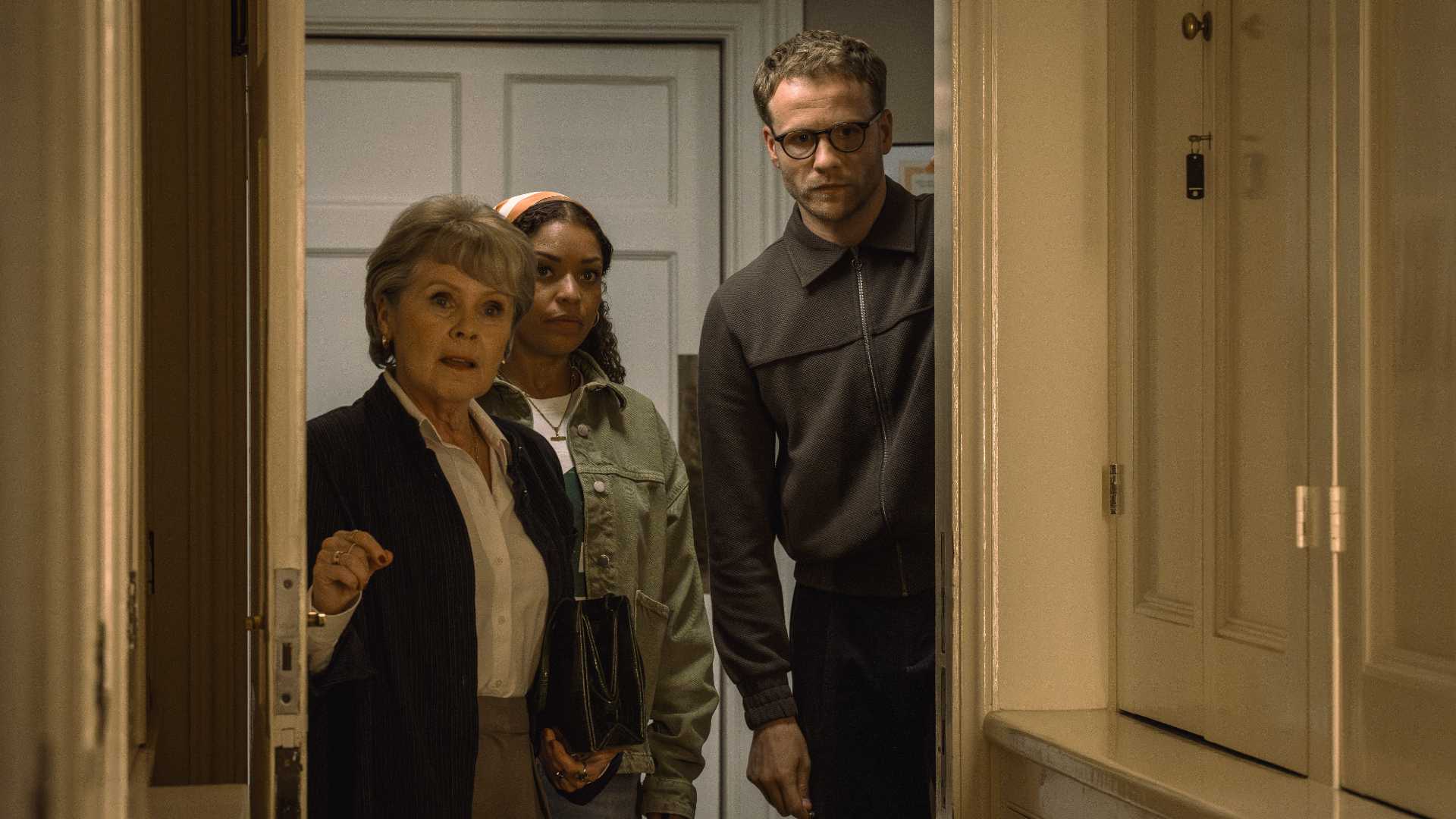 Aunt Ada (Imelda Staunton), Antonia Thomas (Tuppence) and Josh Dylan (Tommy) opening a door in Tommy & Tuppence