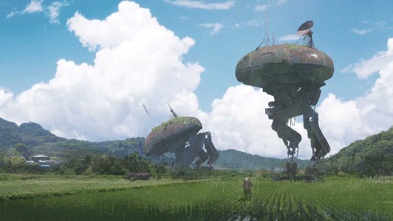 Two giant walking robots tower over a grassy valley in Beast of Reincarnation.