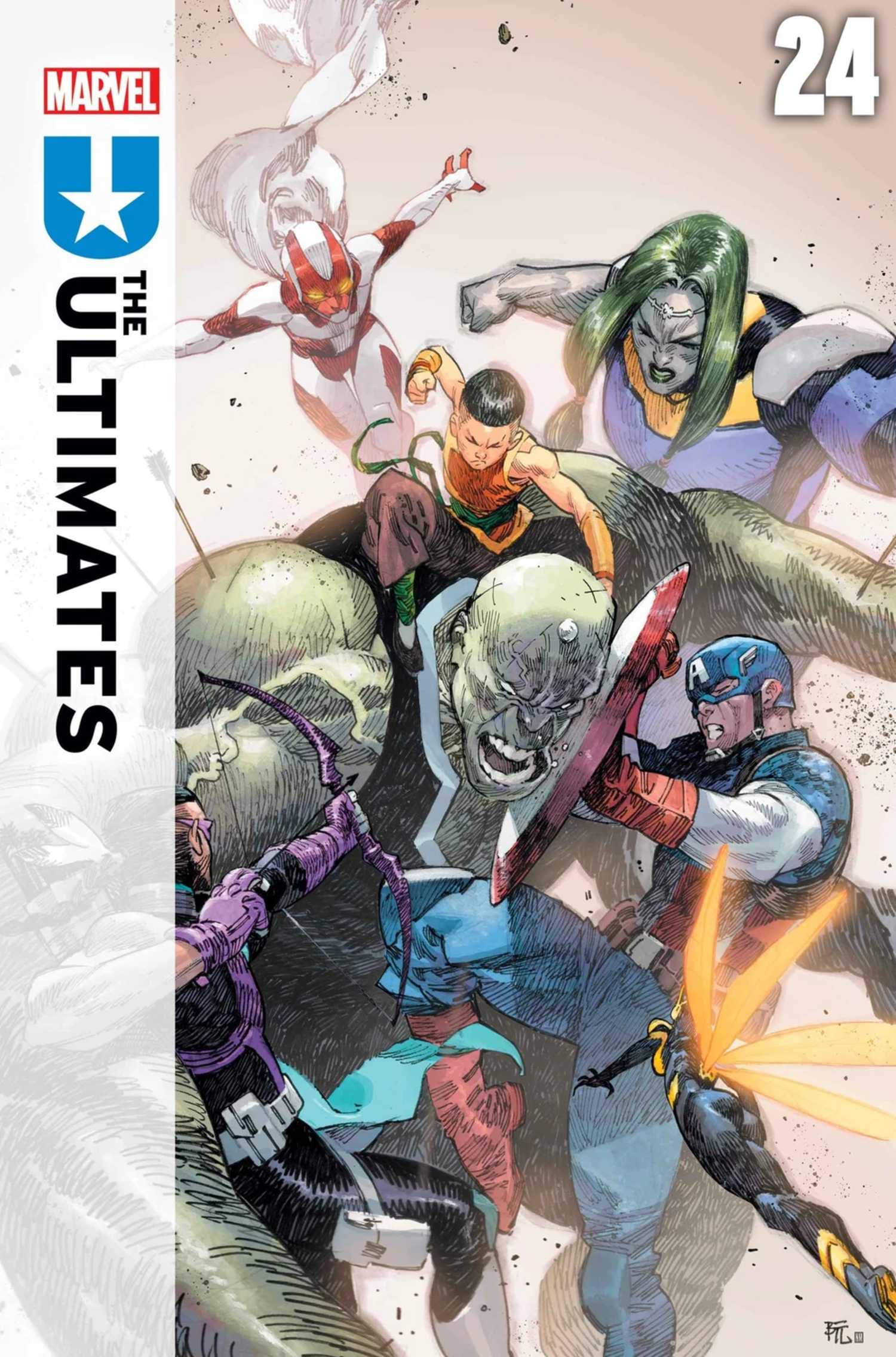 ultimates 24 cover showing the team fighting hulk
