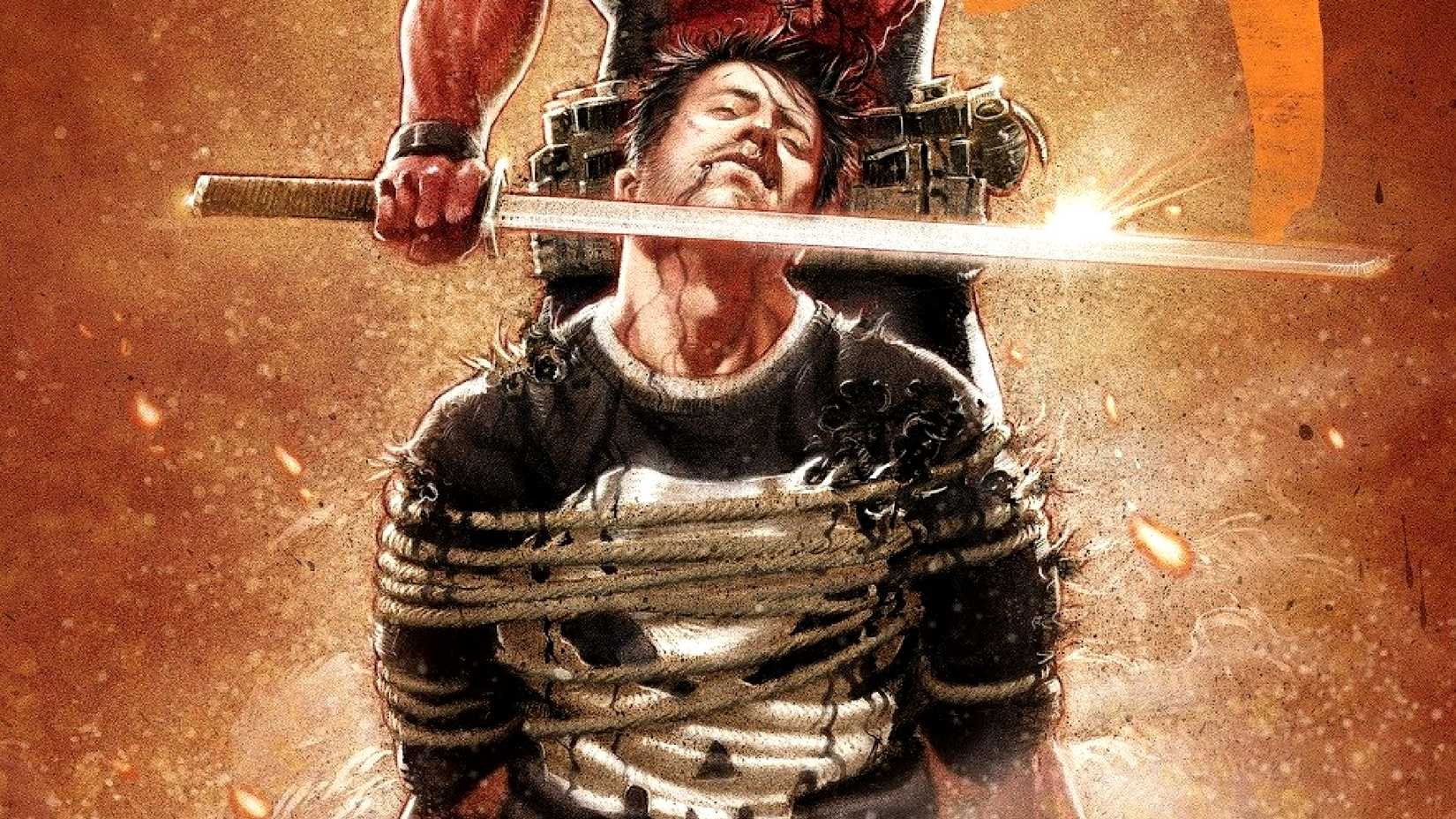 Wade puts a sword to the Punisher's throat while Frank Castle kneels tied up in Deadpool Kills the Marvel Universe