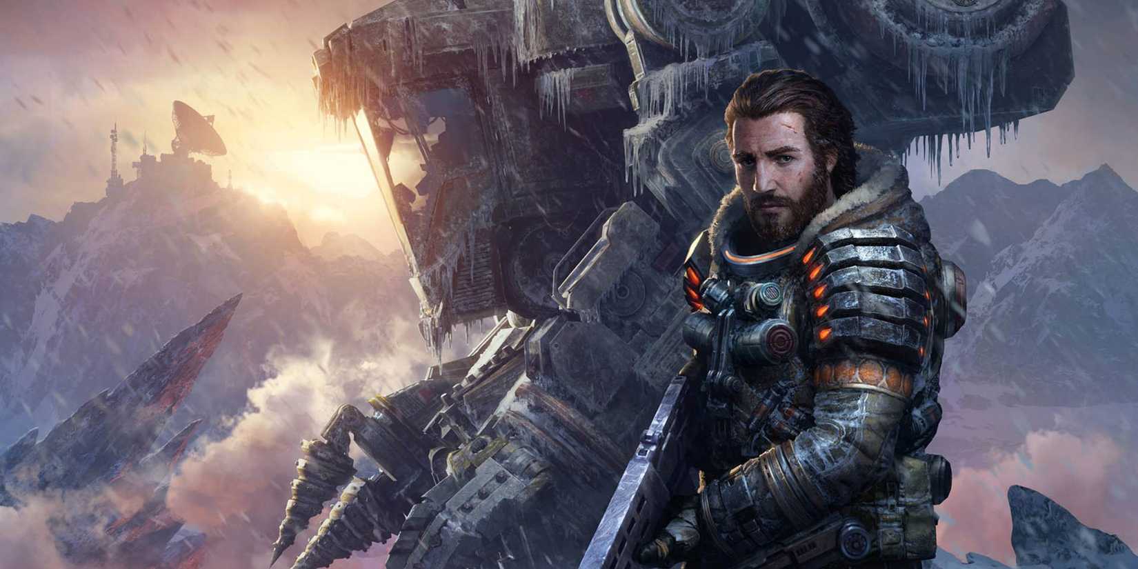 Lost planet character next to a mech official art