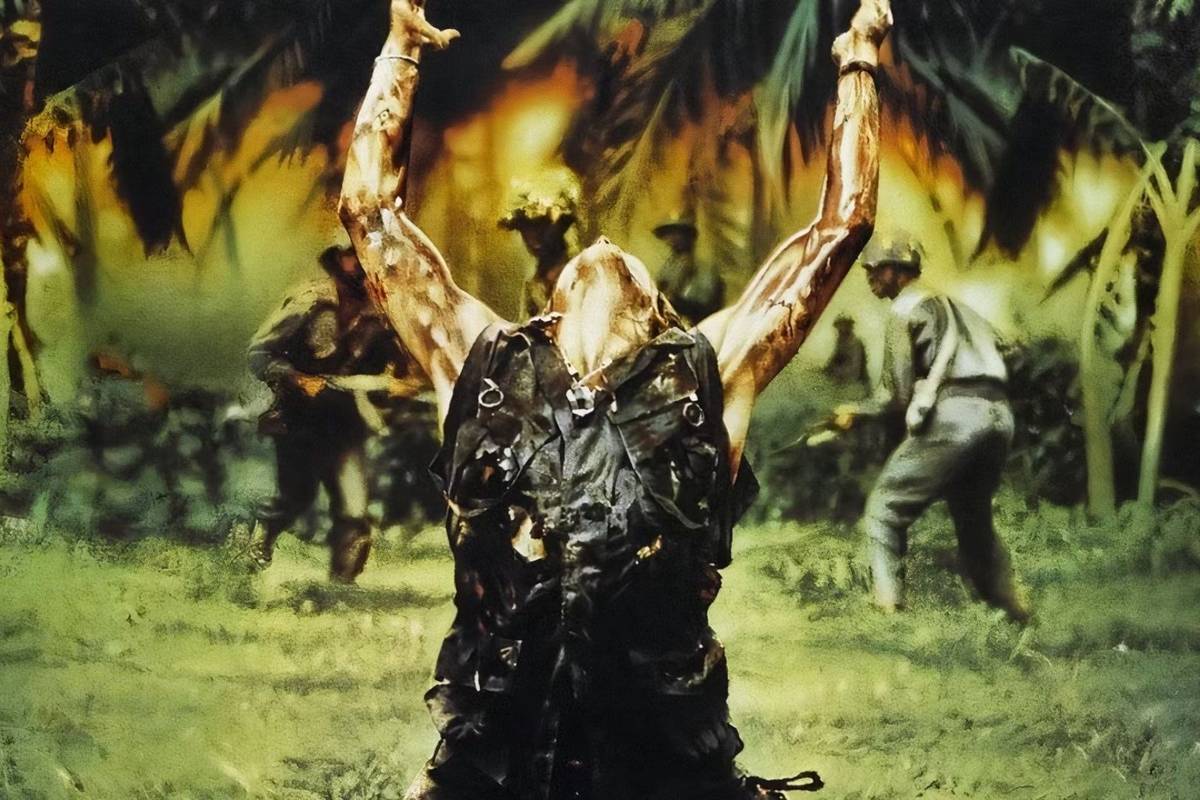 Iconic scene from Vietnam Movies featuring soldiers in a jungle combat zone