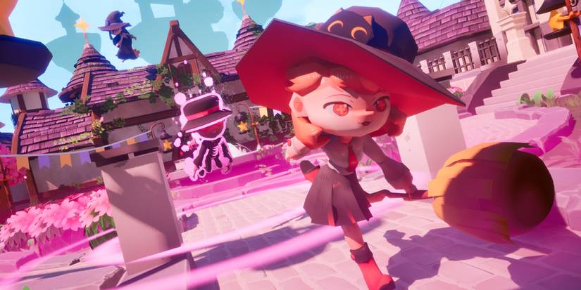 A witch running with a broom in Bashful Adoration