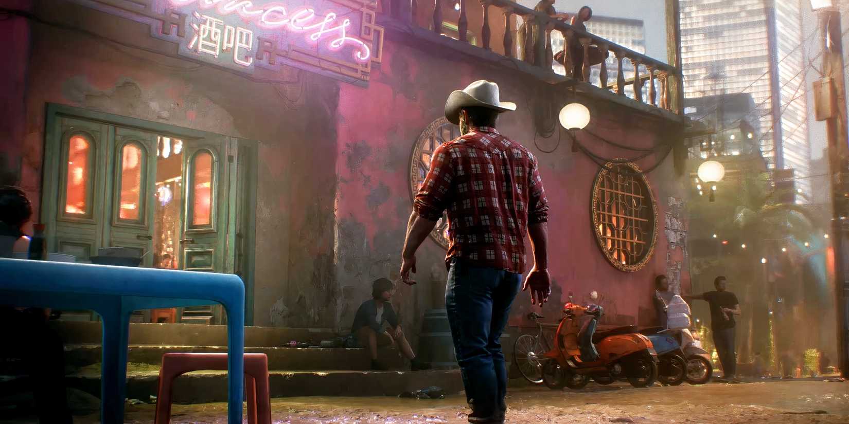 Wolverine in cowboy hat outside bar