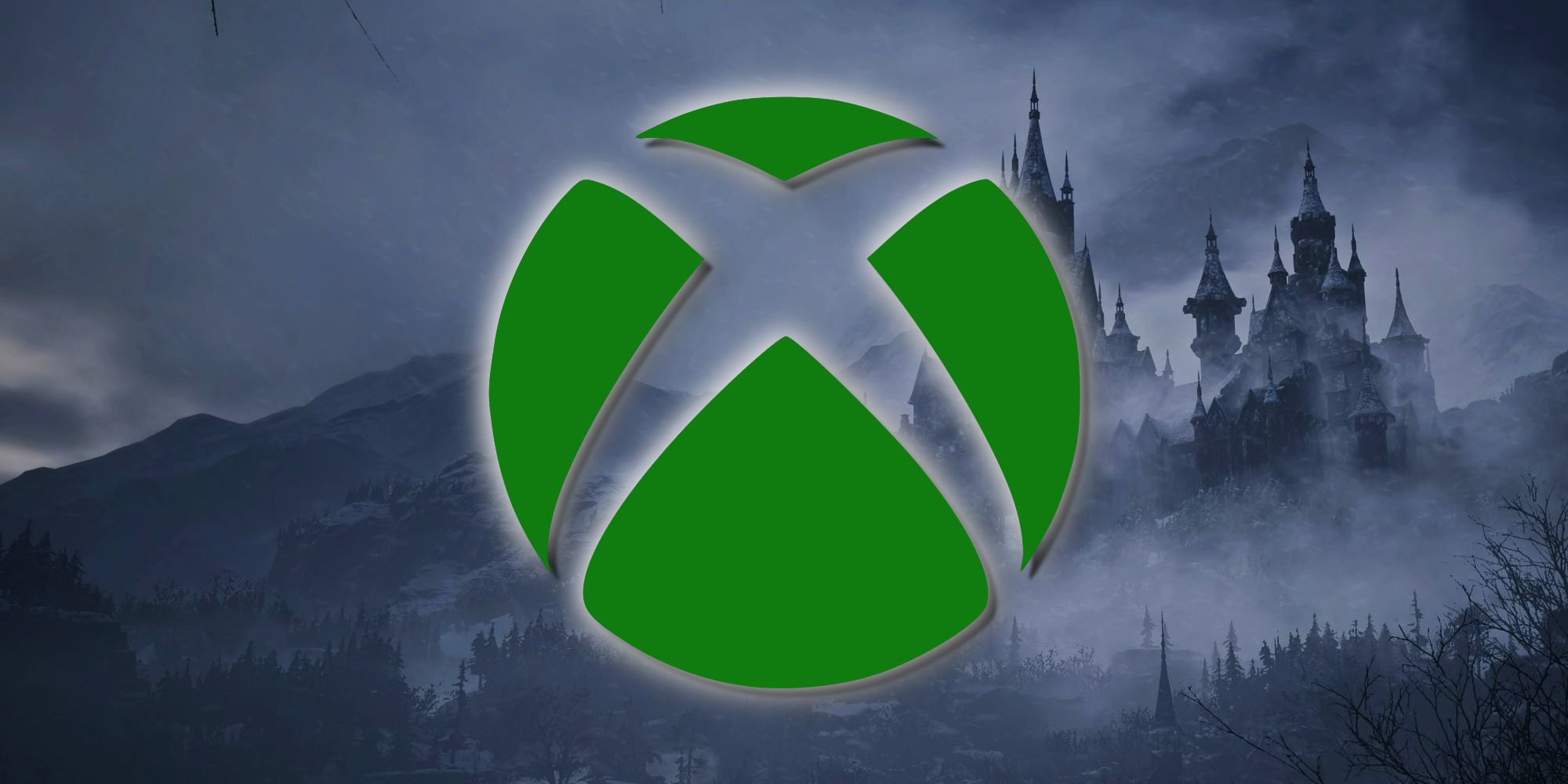 The green Xbox logo is superimposed over a shot of a castle looming over a dark forest.