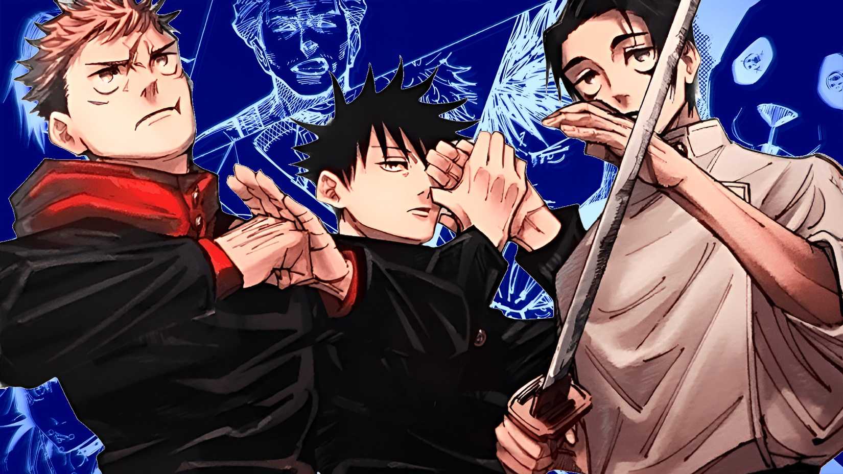 Yuji Itadori, Megumi Fushiguro and Yuta Okkotsu from Jujutsu Kaisen in front of an illustration of the Culling Game's characters