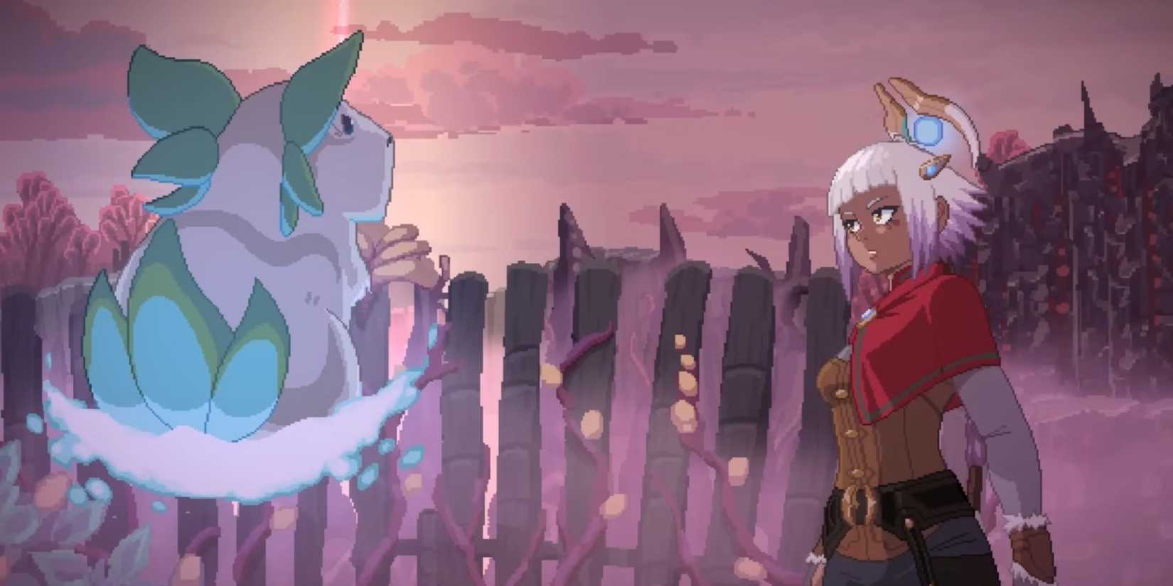 Juno looks at a floating creature in Alabaster Dawn artwork.
