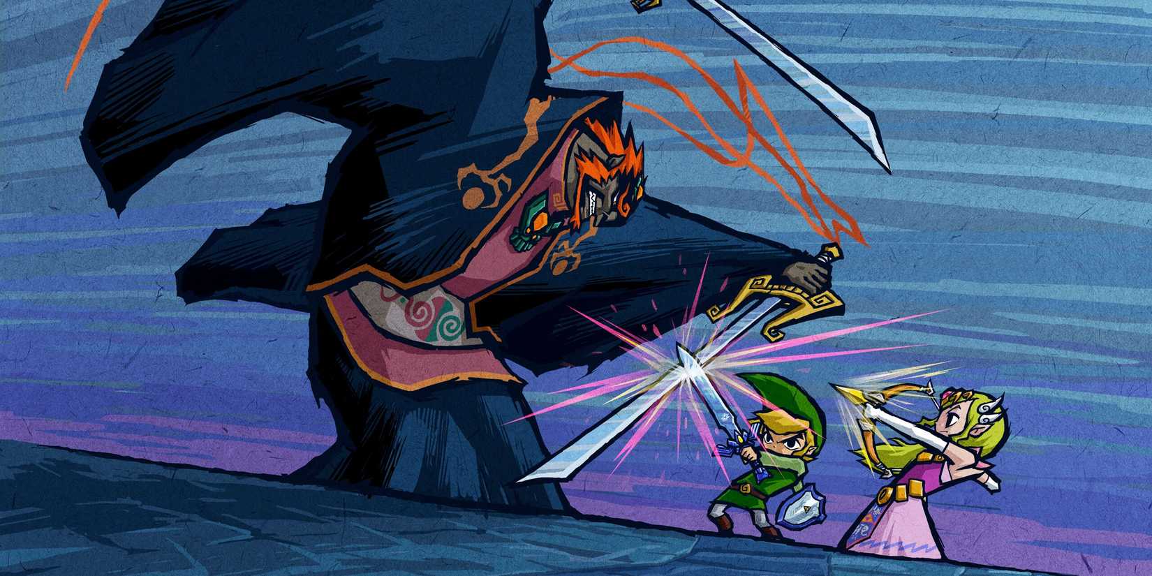 Zelda The Wind Waker artwork of Link and Zelda's final battle against Ganondorf.