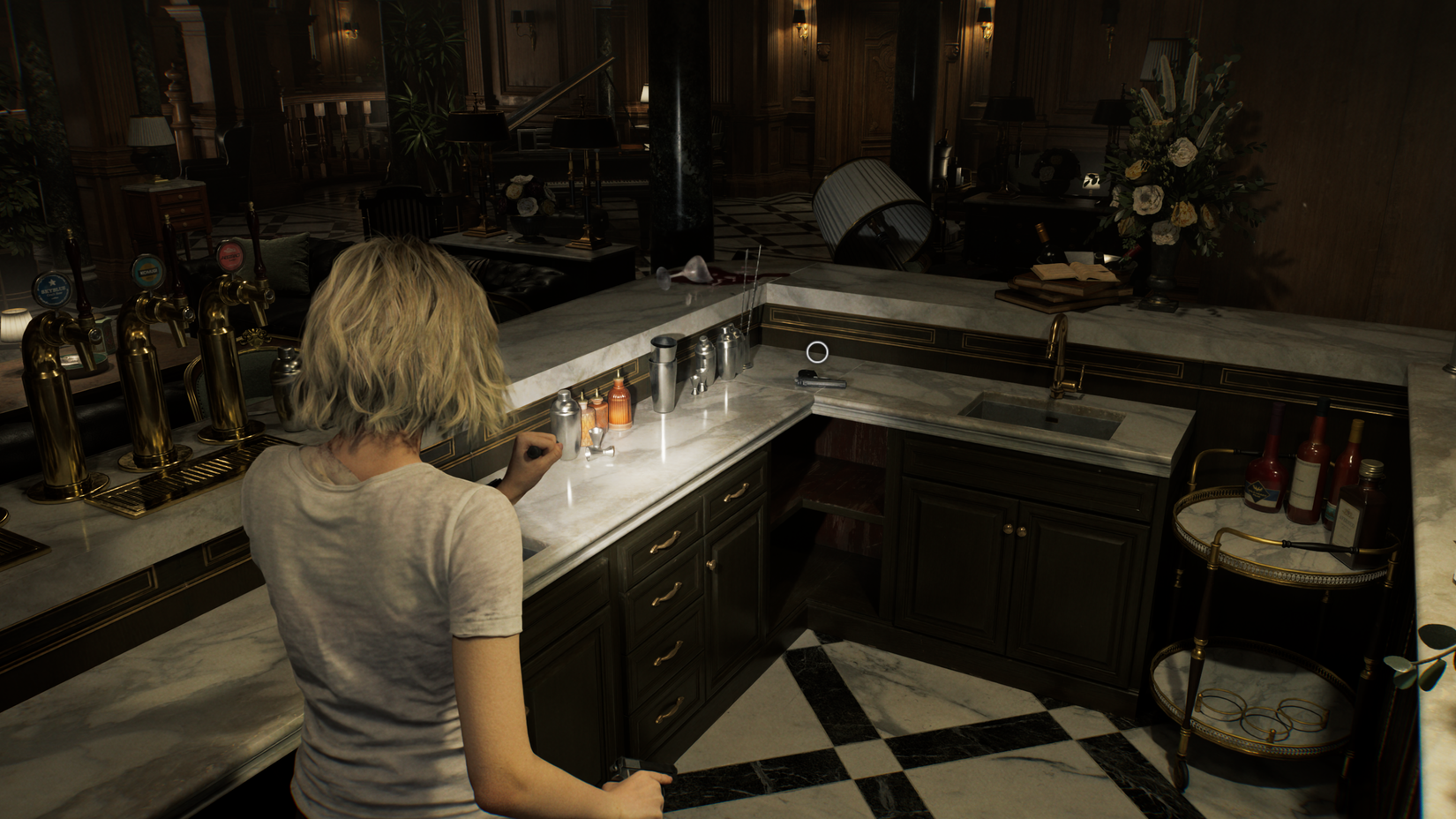 Grace sees her gun on the counter of the bar