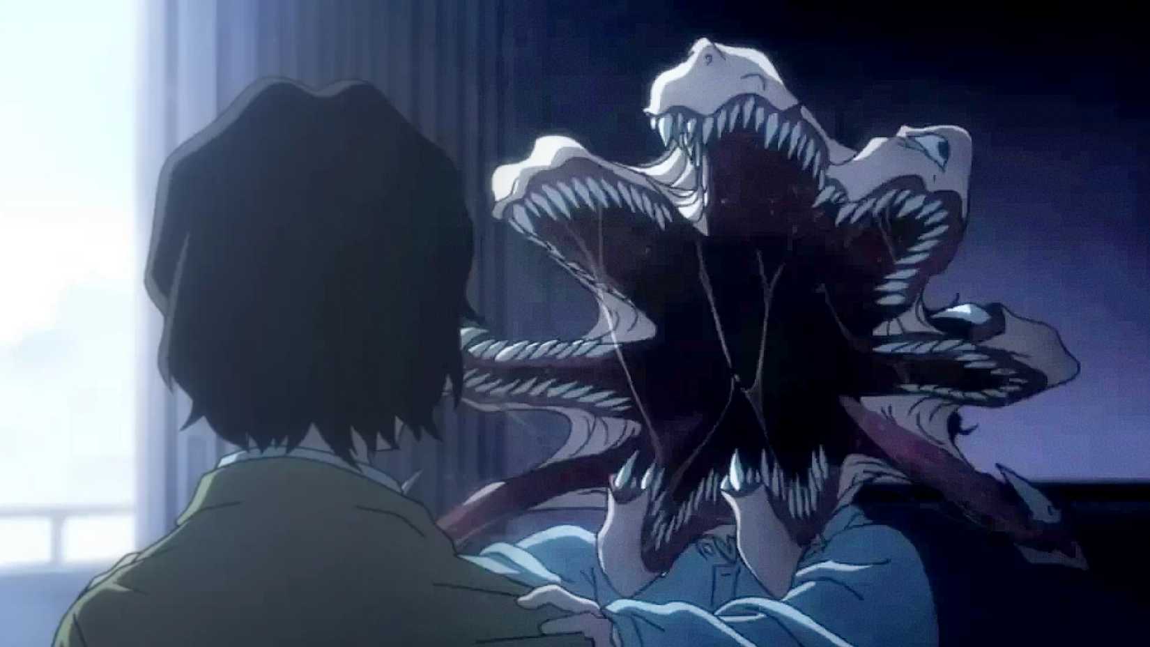 Personagem com a cabeça dividida em múltiplas mandíbulas em Parasyte The Maxim