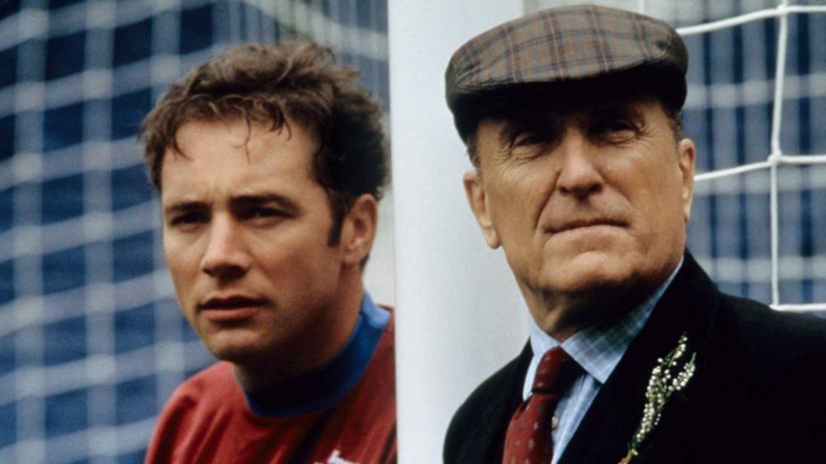 Robert Duvall and Ally McCoist lean against the goal posts in A Shot at Glory